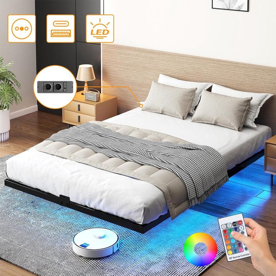 Mihtrov Metalen Bed 140x190 cm Minimalistisch Bedframe IJzeren Bed Met LED Verlichting Stopcontacten USB Poorten Stevig Stil Anti Slip Grote Opbergruimte Duurzaam Roestvrij Ideaal voor Kleine Woningen Kinderkamers en Logeerkamers
