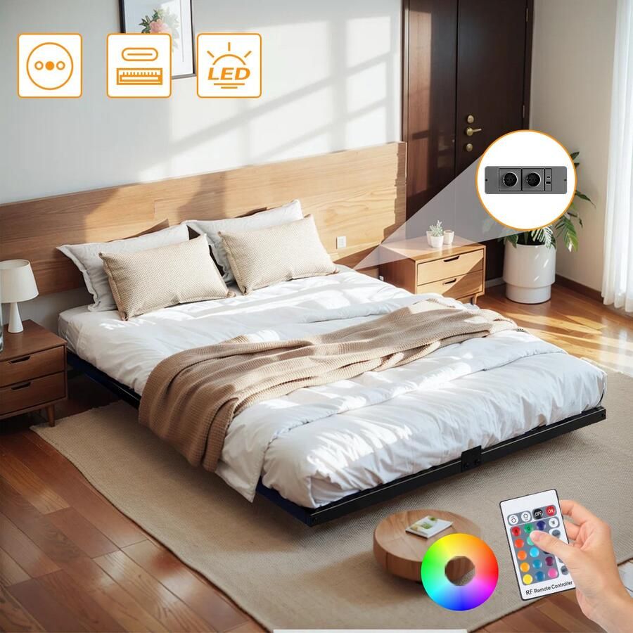 Mihtrov Metalen Bed 140x190 cm Minimalistisch en Stevig Bedframe Anti-Slip & Duurzaam IJzeren Bed met Opbergruimte Met LED Verlichting Stopcontacten USB Poorten Roestvrij Staal Ideaal voor Kinderkamers Logeerkamers & Kleine Woningen