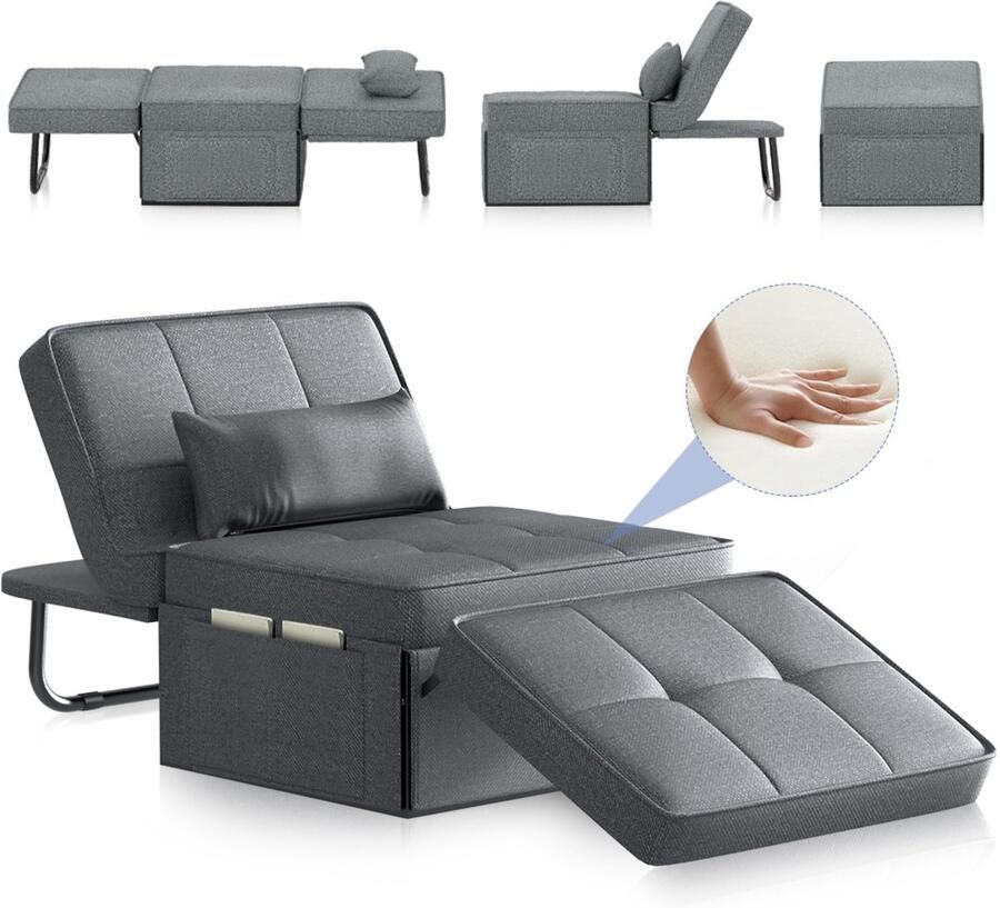 Mihtrov Slaapbank 1 Persoons 4-In-1 Bank met Slaapfunctie Verstelbare Bedbank met Kussens en Opbergzakken Hoekbank met Slaapfunctie voor Woonkamer Slaapkamer Logeerkamer Donkergrijs 180x80x38 cm