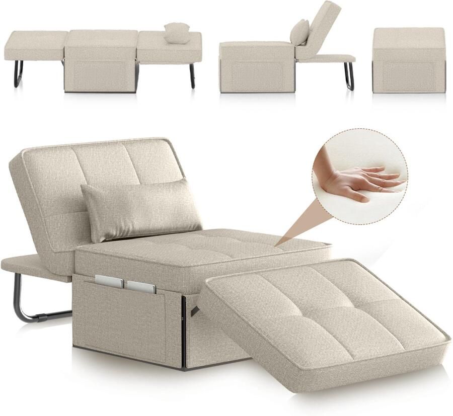 Mihtrov Slaapbank 1 Persoons 4-In-1 Bank met Slaapfunctie Verstelbare Bedbank met Kussens en Opbergzakken Hoekbank met Slaapfunctie voor Woonkamer Slaapkamer Logeerkamer Khaki 180x80x38 cm