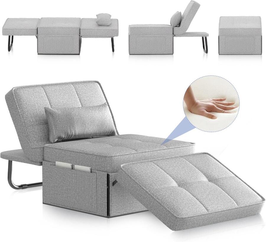 Mihtrov Slaapbank 1 Persoons 4-In-1 Bank met Slaapfunctie Verstelbare Bedbank met Kussens en Opbergzakken Hoekbank met Slaapfunctie voor Woonkamer Slaapkamer Logeerkamer Lichtgrijs 180x80x38 cm