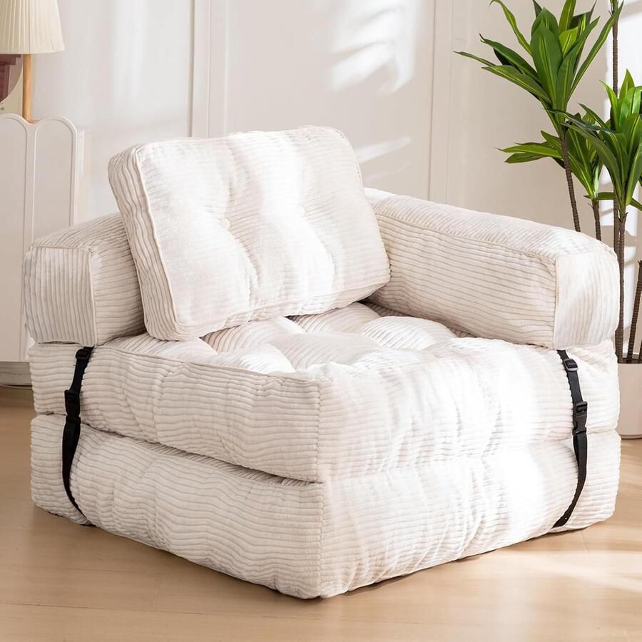 Mihtrov 3-in-1 Uitklapbare Slaapstoel Belastbaar Tot 150 kg Inklapbare Slaapbank Met Armleuningen en Kussen 1 Persoons Modern Design Logeerbed Slaapfauteuil van Velours Zeer comfortabel 170x85x22 cm Beige