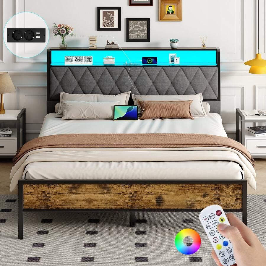 Mihtrov Twijfelaarbedden 140 x 190cm Metalen Bedframe met Led Verlichting Tweepersoonsbed met Stopcontacten en USB Metalen Latten Opbergbaar Hoofdbord Grote Opbergruimte Onder Bed Geen Lawaai Geen Boxspring Nodig Eenvoudige Montage Zwart