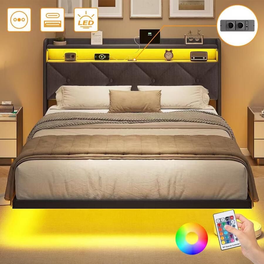 Mihtrov Tweepersoonsbed 140x190 cm Heavy Duty Metalen Bedframe Tienerbed Jongerenbed Jeugdbed Zwevend Design Met LED Verlichting Stopcontacten USB Poorten Type C Hoofdbord met Opbergruimte Donkergrijs Linnen - Foto 2