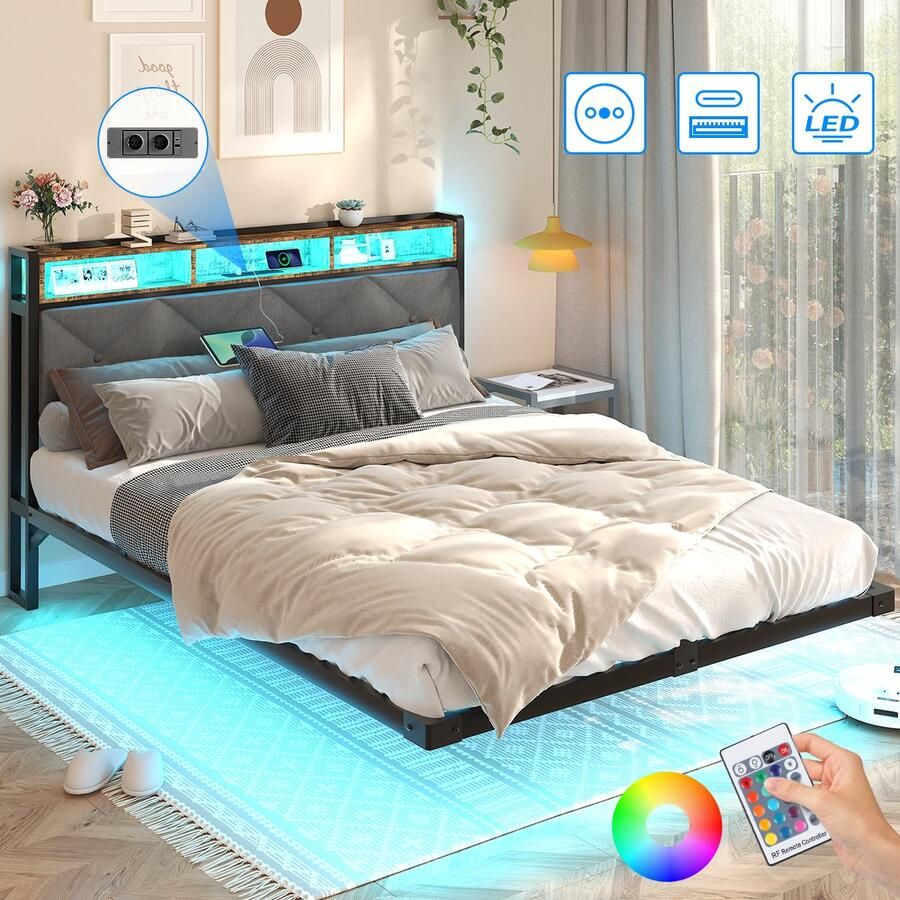 Mihtrov Tweepersoonsbed 140x190 cm Heavy Duty Metalen Bedframe Tienerbed Jongerenbed Jeugdbed Zwevend Design Met LED Verlichting Stopcontacten USB Poorten Type C Hoofdbord met Opbergruimte Donkergrijs Linnen - Foto 3