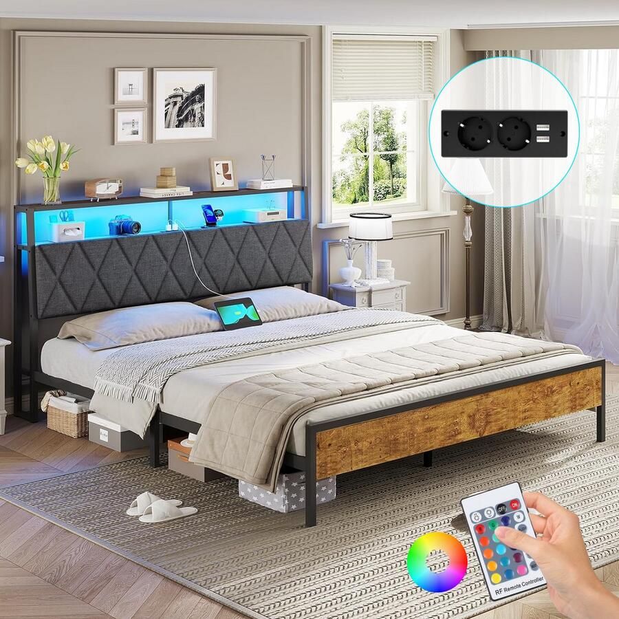 Mihtrov Tweepersoonsbed 140x190 cm Stevig Metalen Bedframe Jeugdbed met LED Verlichting Stopcontacten USB & Type-C Poorten Hoofdbord met Opbergruimte Donkergrijs Linnen Modern & Duurzaam Design