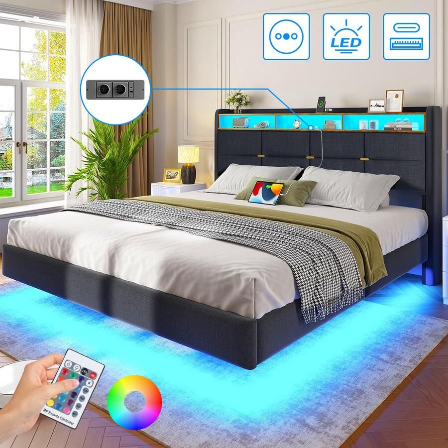 Mihtrov Tweepersoonsbed 160x200 cm Heavy Duty Metalen Bedframe Gestoffeerd Bed Jongerenbed Jeugdbed Zwevend Design Met LED Verlichting Stopcontacten USB Poorten Type C Hoofdbord met Opbergruimte Donkergrijs Linnen