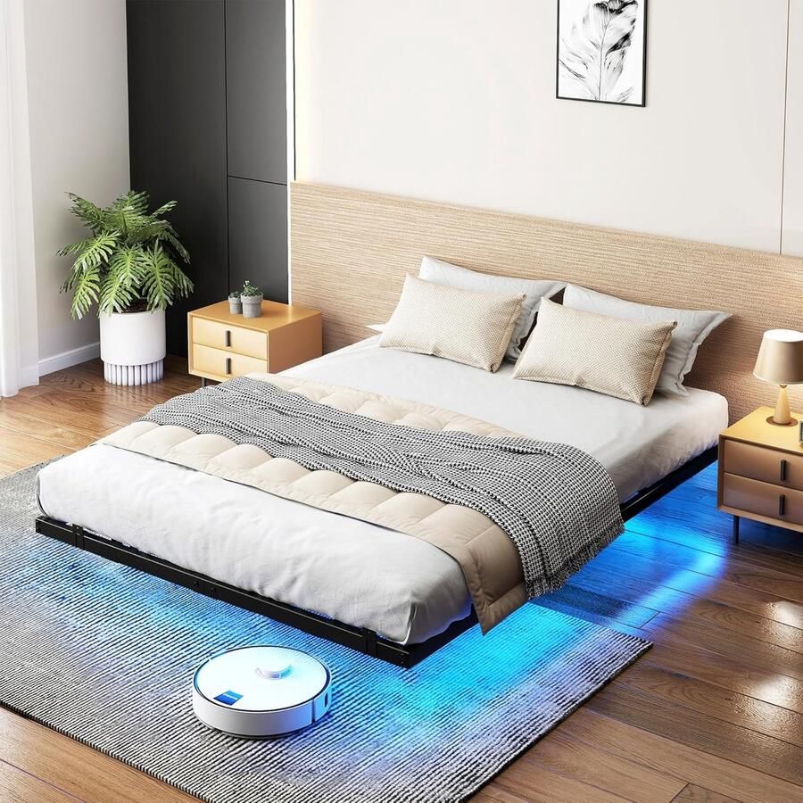 Mihtrov Tweepersoonsbed 190 x 140 x 25 cm Standaard Platform Bed Frame met Led Verlichting Stopcontacten en USB Metalen Latten Grote Opbergruimte Onder Bed Geen Boxspring Nodig Eenvoudige Montage Zwart