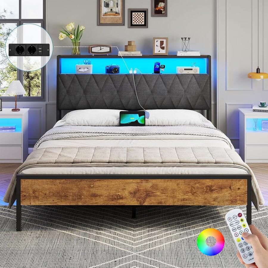 Mihtrov Twijfelaarbedden 140 x 190cm Metalen Bedframe met Led Verlichting Tweepersoonsbed met Stopcontacten en USB Metalen Latten Opbergbaar Hoofdbord Grote Opbergruimte Onder Bed Geen Lawaai Geen Boxspring Nodig Eenvoudige Montage Zwart - Foto 2