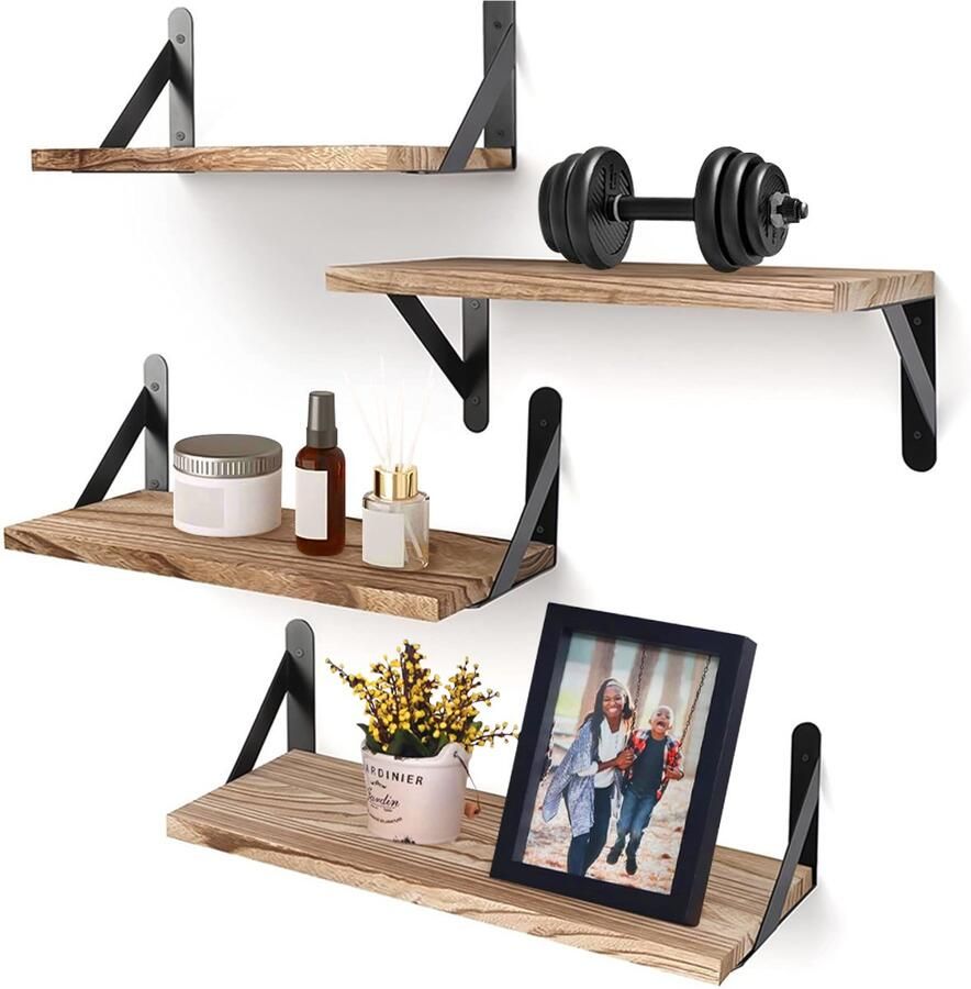 Mihtrov Wandplanken Set van 4 Wandrek Boekenrek Boekenplank 42 36 29 x 15.5 x 1.5 cm Zwevende Planken met Metaal Max. Belasting 20 kg Bruin Zwart