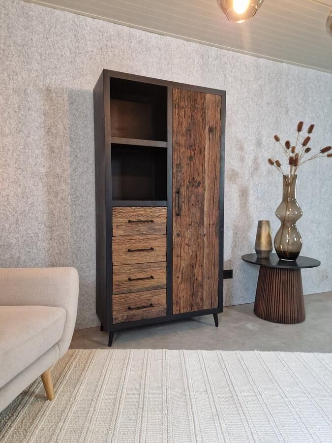 Mijn Stijl Wonen Eikenhouten opbergkast Stalen Frame Zwart 90x35x176cm