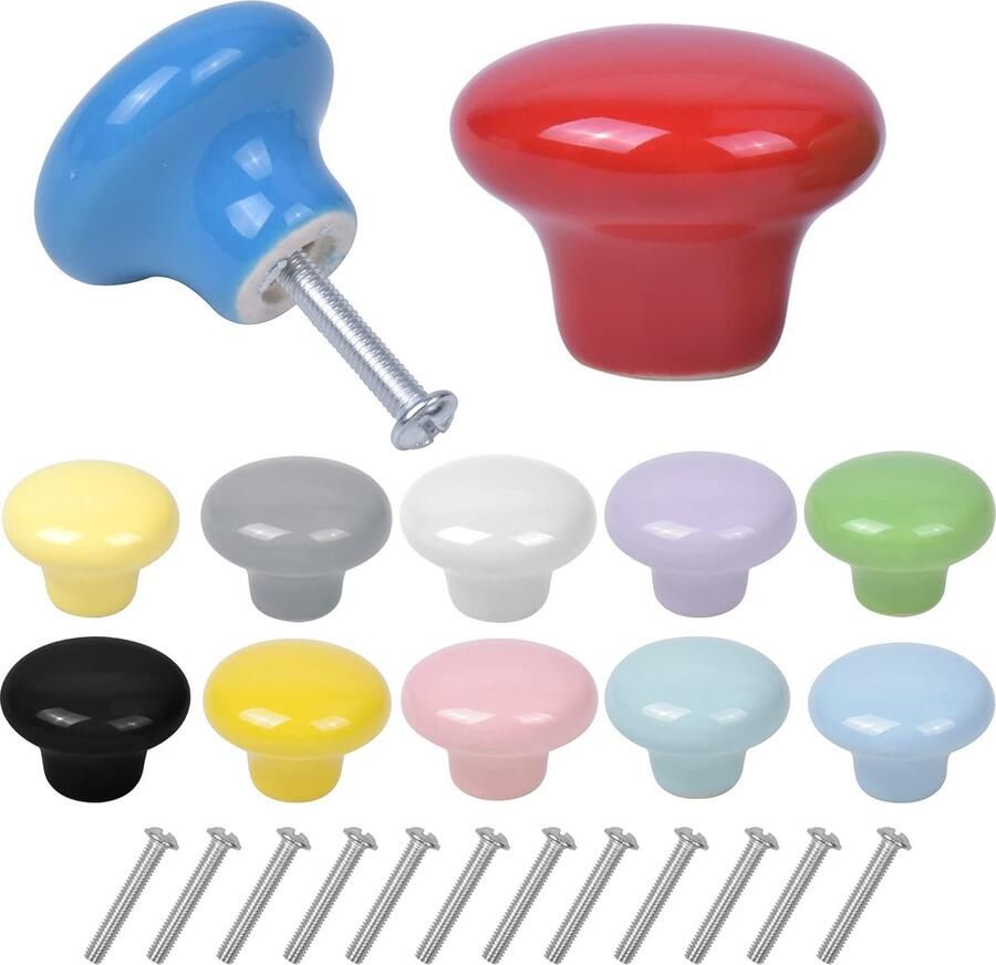 Mikihat 12 STKS Kleurrijke Deurknoppen 32 MM Ronde Keramische Kast Knoppen Pull Handgrepen Paddestoel Vorm Lade Knoppen Keuken Kast Lade Deurknoppen Set Solid Kast Knoppen voor Slaapkamer Home Hardware