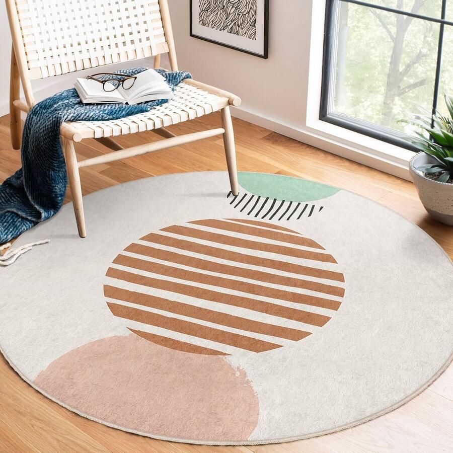Mila Home Abstract Boho Cirkel Vormen Gebied Rond Tapijt|Pastel Half Cirkels Minimalistisch Tapijt|Antislip Tapijt|Boho Tapijt Decor|Woonkamer Tapijt Modern Tapijt