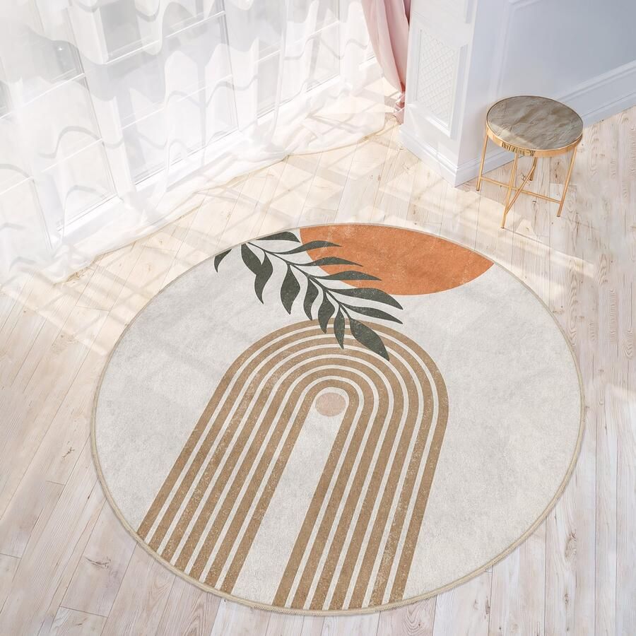 Mila Home Abstract Boho Gebied Rond Tapijt| Beige Halve Cirkel en Planten Beige Boheems Tapijt|Antislip Tapijt|Boho Tapijt Decor|Woonkamer Tapijt Modern Tapijt|Zon