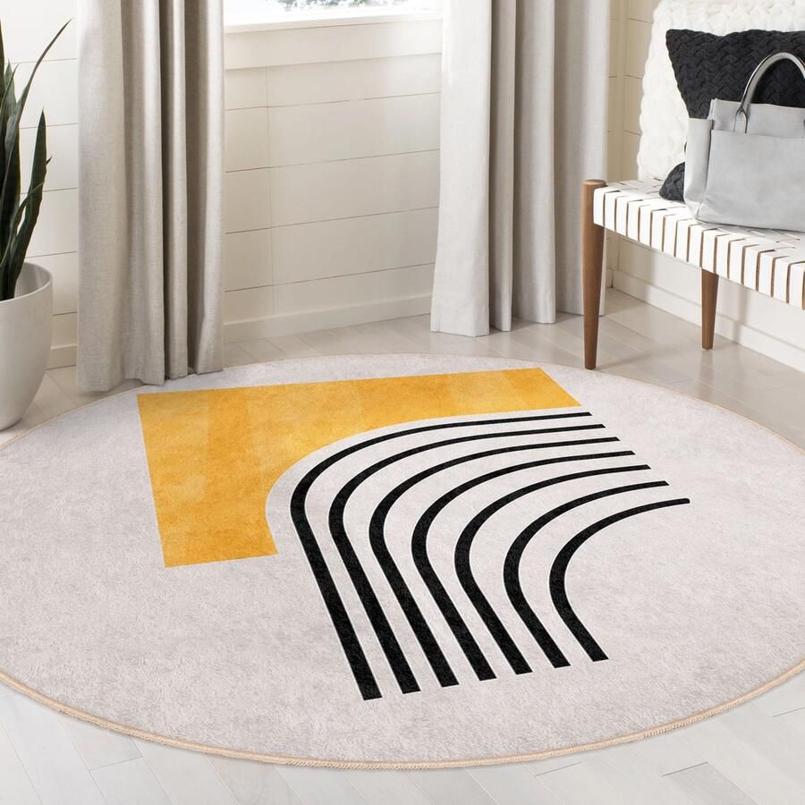 Mila Home Abstract Boho Gebied Rond Tapijt| Geel Halfrond Zwart Gestreept Beige Boheems Tapijt|Antislip Tapijt|Boho Tapijt Decor|Woonkamer Tapijt Modern Tapijt|Zon