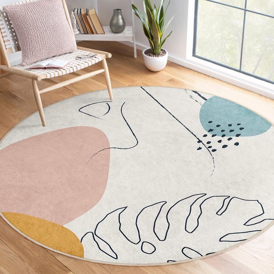 Mila Home Abstract Boho Gebied Rond Tapijt Tekeningen Bladeren en Planten Beige Boheems Tapijt|Oddly Antislip Tapijt|Boho Tapijt Decor|Woonkamer Tapijt Modern Tapijt|Zon