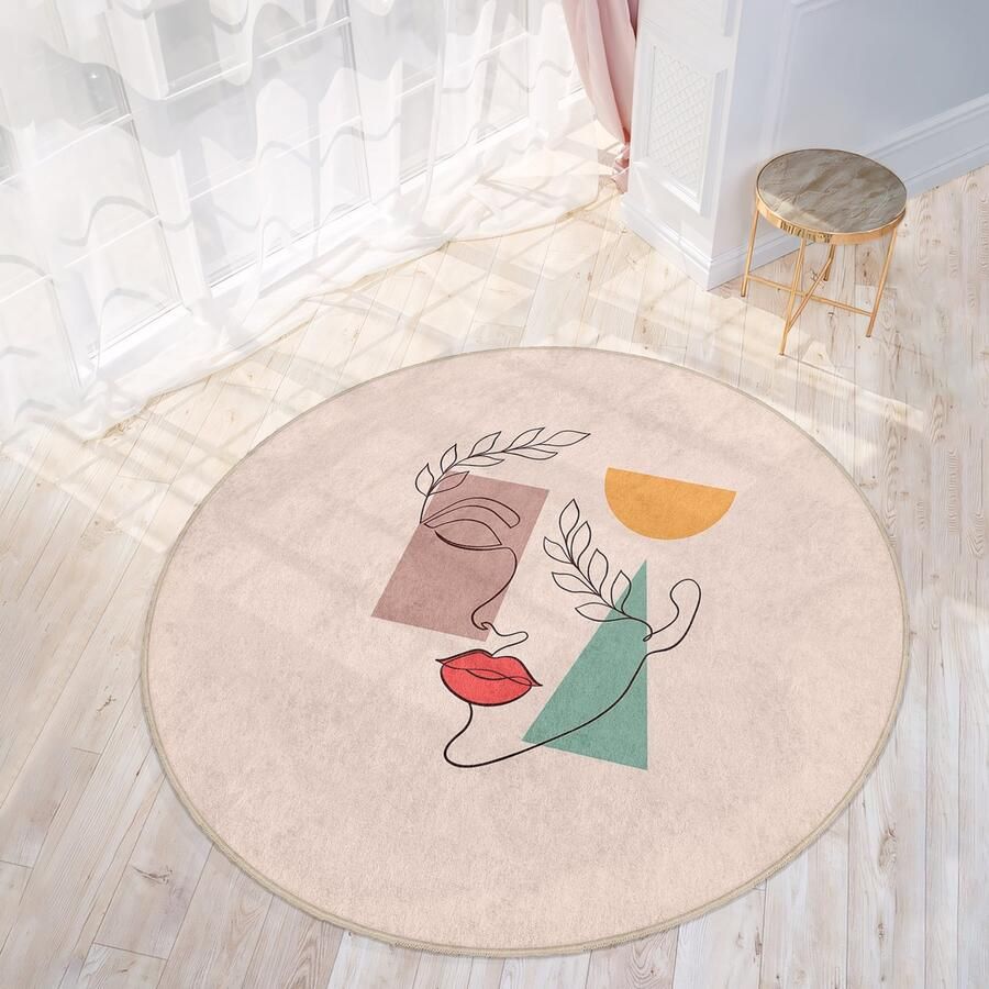 Mila Home Abstract Boho Gebied Rond Tapijt Tekeningen Gezicht Vrouw Beige Boheems Tapijt|Oddly Antislip Tapijt|Boho Tapijt Decor|Woonkamer Tapijt Modern Tapijt|Gezicht