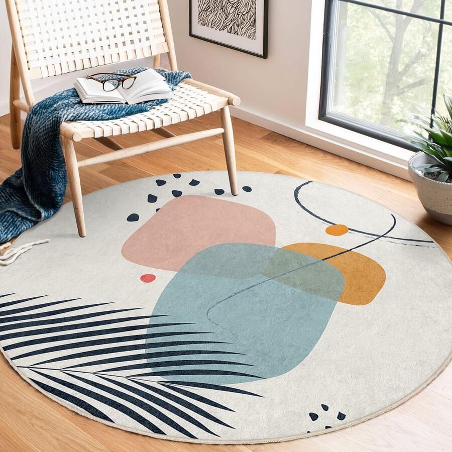Mila Home Abstract Boho Gebied Rond Tapijt Tekeningen Palmbladeren Marineblauw Vreemd Boheems Tapijt|Antislip Tapijt|Boho Tapijt Decor|Woonkamer Tapijt Modern Tapijt