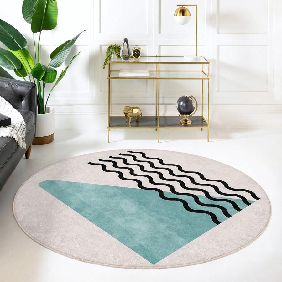 Mila Home Abstract Boho Gebied Rond Tapijt| Zwart Gestreept Golfontwerp Turquoise Boheems Tapijt|Antislip Tapijt|Boho Tapijt Decor|Woonkamer Tapijt Modern Tapijt Luxe
