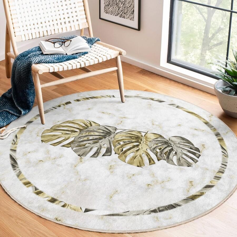 Mila Home Abstract Gebied Rond Tapijt Groen Bladeren Vreemde Vormen Beige Groen Tapijt Antislip Tapijt Kleurrijk Bladeren Tapijt Decor Woonkamer Tapijt Modern Tapijt Luxe Tapijt