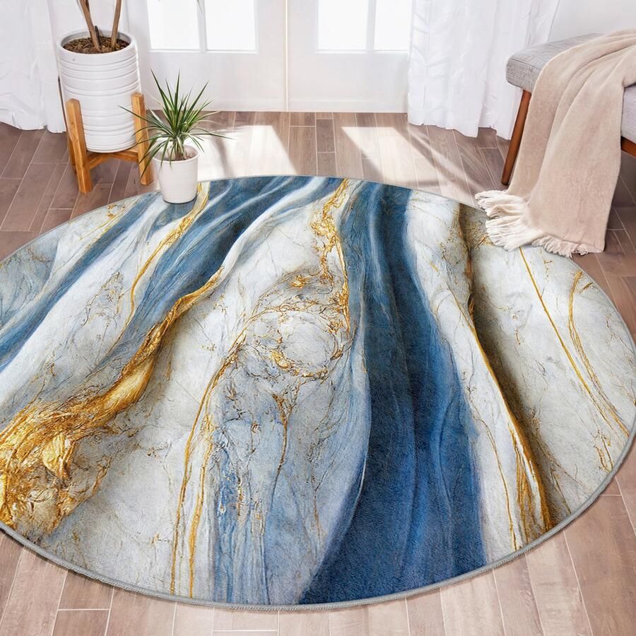 Mila Home Abstract Gebied Rond Tapijt Marmeren Ontwerp Vreemde Vormen Blauw Goud Tapijt Antislip Tapijt Golfmodel Tapijt Decor Woonkamer Tapijt Modern Tapijt Luxe Tapijt