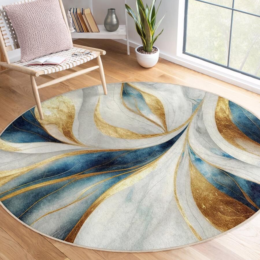 Mila Home Abstract Gebied Rond Tapijt Marmeren Ontwerp Vreemde Vormen Blauw Goud Tapijt Antislip Tapijt Golfmodel Geometrisch Woonkamer Tapijt Modern Tapijt Luxe Tapijt