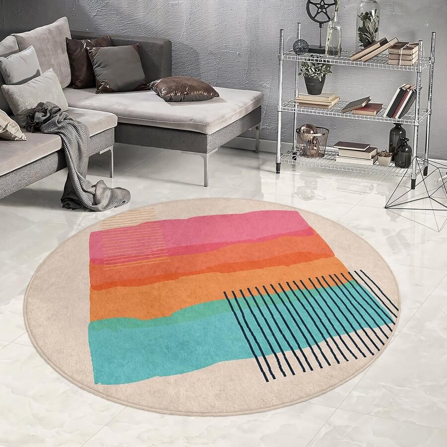 Mila Home Abstract Gebied Rond Tapijt Pastel Rechthoekige Moderne Chique Tapijten voor Woonkamer Antislip Tapijt Post Modern Minimalistische Kleurrijke Strepen Luxe Tapijt