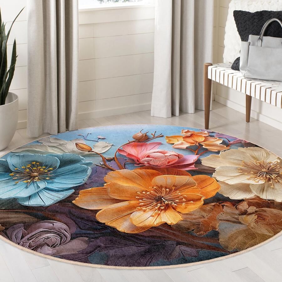 Mila Home Abstract Gebied Rond Tapijt Schilderij Kleurrijk Bloem Modern Vreemde Vormen Tapijt Antislip Tapijt Minimalistisch Tapijt Decor Woonkamer Tapijt Modern Tapijt Luxe Tapijt