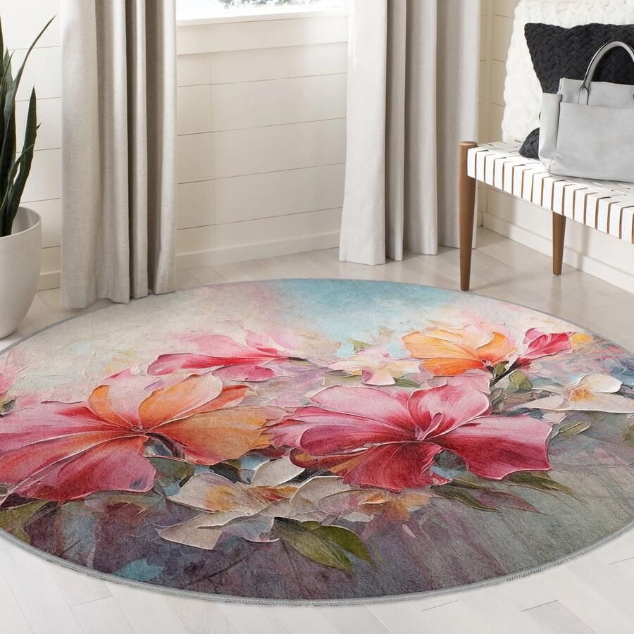Mila Home Abstract Gebied Rond Tapijt Schilderij Kleurrijk Bloem Modern Vreemde Vormen Tapijt Antislip Tapijt Minimalistisch Tapijt Bloemen Woonkamer Tapijt Rood Tapijt Luxe Tapijt