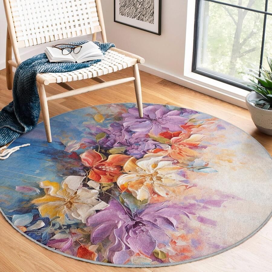 Mila Home Abstract Gebied Rond Tapijt Schilderij Kleurrijk Bloem Modern Vreemde Vormen Tapijt Antislip Tapijt Minimalistisch Tapijt Bloemen Woonkamer Tapijt Modern Tapijt Luxe Tapijt