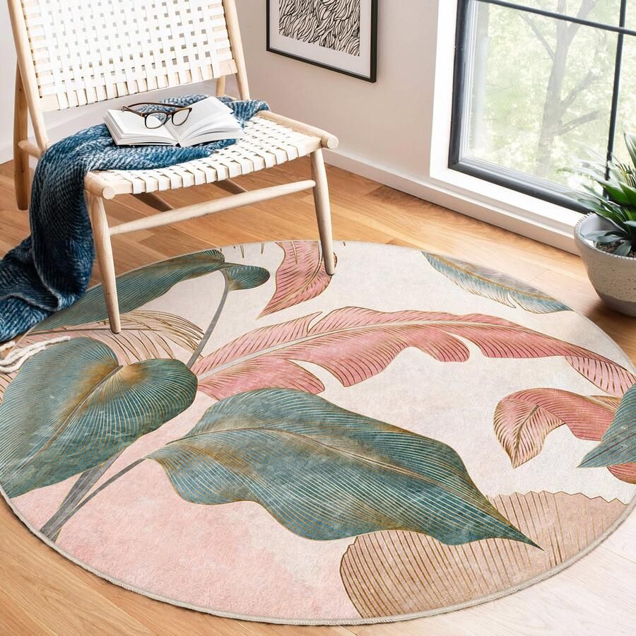 Mila Home Abstract Gebied Rond Tapijt Zachte Bladeren Vormen Boheemse Pastelkleuren Antislip Tapijt Boho Tapijt Decor Woonkamer Tapijt Modern Kinderkamer Tapijt Luxe