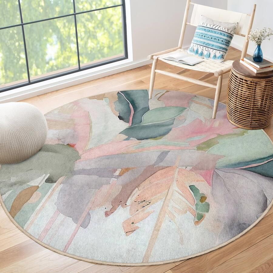 Mila Home Abstract Gebied Rond Tapijt Zachte Bladeren Vreemde Vormen Boheemse Pastelkleuren Antislip Tapijt Boho Tapijt Decor Woonkamer Tapijt Modern Kinderkamer Tapijt