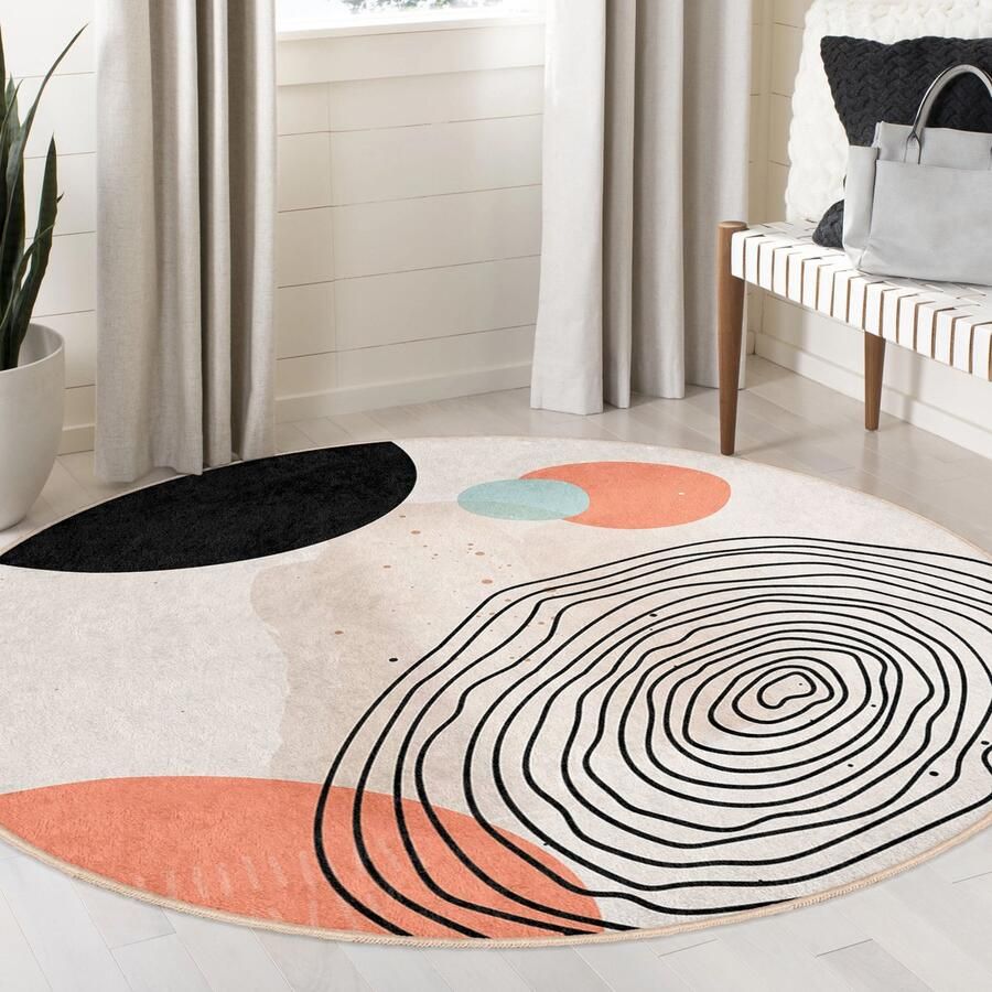 Mila Home Abstract Gebied Rond Tapijt|Beige Zwart Cirkel Boheems Tapijt|Antislip Tapijt|Boho Tapijt Decor|Woonkamer Tapijt Modern Tapijt|Luxe Tapijt