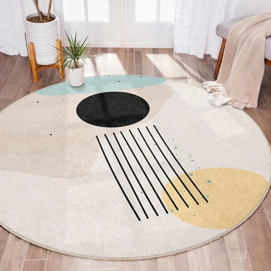 Mila Home Abstract Gebied Rond Tapijt|Beige Zwarte Cirkel en Strepen Tapijt Boheems Tapijt|Antislip Tapijt|Boho Tapijt Decor|Woonkamer Tapijt Modern Tapijt|Luxe Tapijt