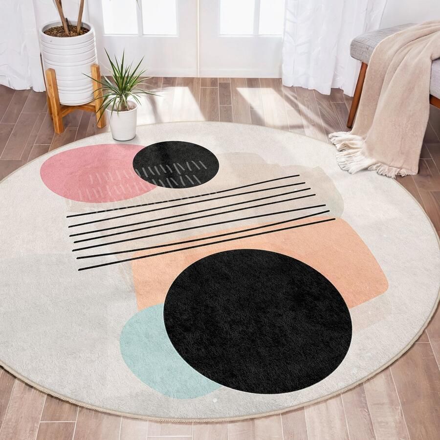 Mila Home Abstract Gebied Rond Tapijt|Beige Zwarte Streep Pastel Cirkel Boheems Tapijt|Antislip Tapijt|Boho Tapijt Decor|Woonkamer Tapijt Modern Tapijt|Luxe Tapijt