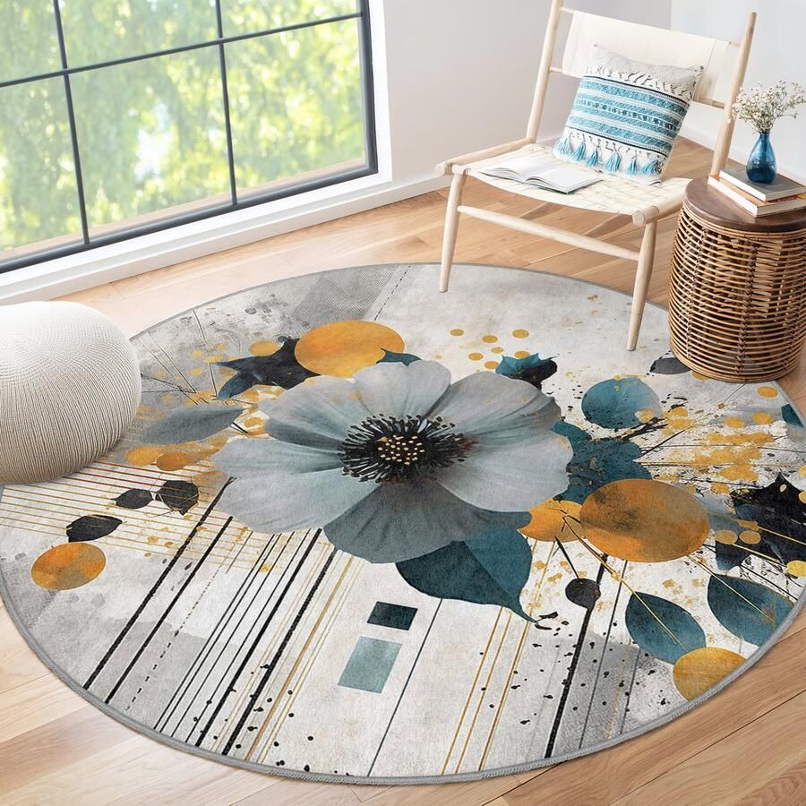 Mila Home Abstract Gebied Rond Tapijt|Blauw Bloem Vreemde Vormen Soft Color Tapijt|Antislip Tapijt|Bruin Bladeren Tapijt Decor|Woonkamer Tapijt Modern Tapijt|Luxe Tapijt