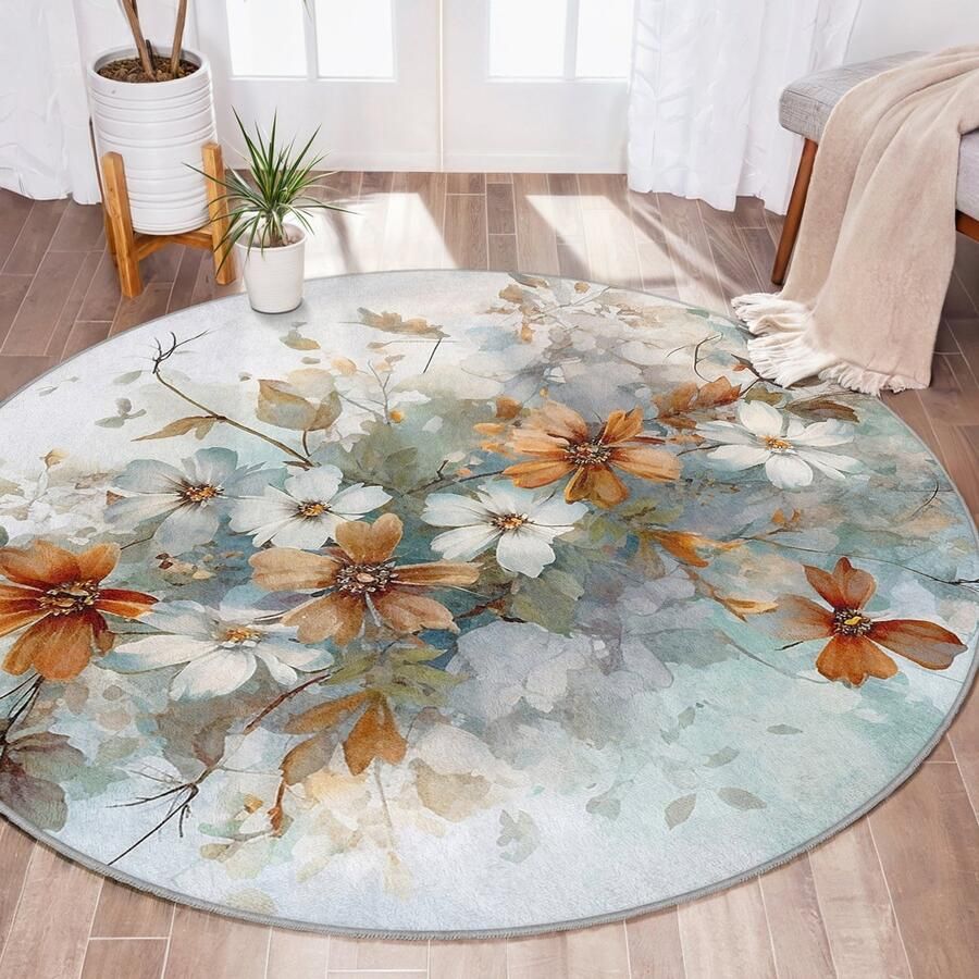 Mila Home Abstract Gebied Rond Tapijt|Bruin Wit Bloem Vreemde Vormen Soft Color Tapijt|Antislip Tapijt|Kleurrijk Rose Tapijt Decor|Woonkamer Tapijt Modern Tapijt|Luxe Tapijt