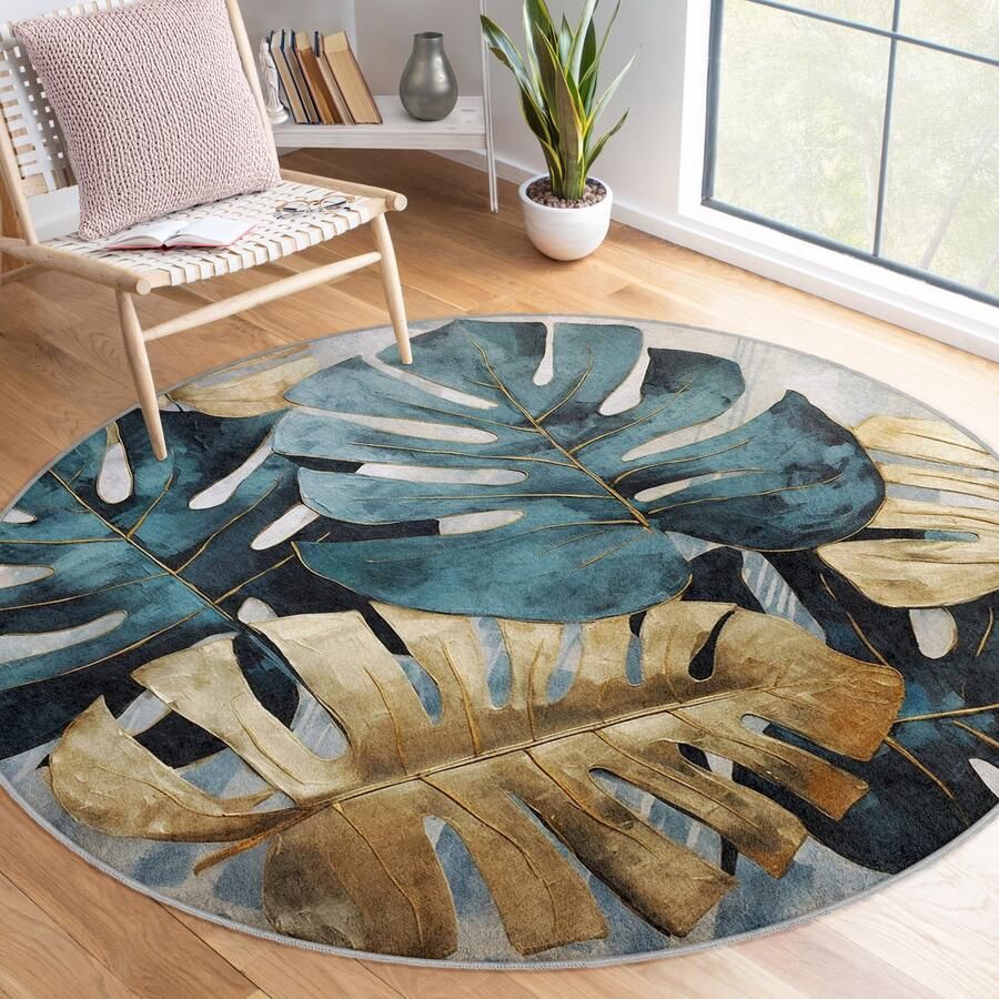 Mila Home Abstract Gebied Rond Tapijt|Groen Bruin Bladeren Vreemde Vormen Goud Geel Groen Tapijt|Antislip Tapijt|Groen Tapijt Decor|Woonkamer Tapijt Modern Tapijt|Luxe Tapijt