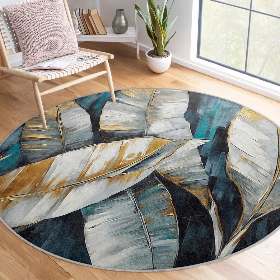 Mila Home Abstract Gebied Rond Tapijt|Groen Marineblauw Bladeren Vreemde Vormen Marineblauw Groen Tapijt|Antislip Tapijt|Groen Tapijt Decor|Woonkamer Tapijt Modern Tapijt|Luxe Tapijt