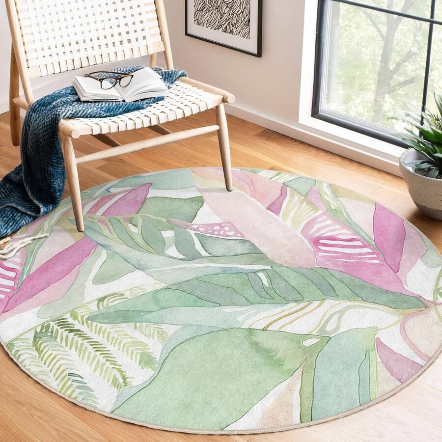 Mila Home Abstract Gebied Rond Tapijt|Groen Roze Bladeren Vreemde Vormen Kleurrijke Tapijt|Antislip Tapijt|Groen Roze Tapijt Decor|Woonkamer Tapijt Modern Tapijt|Luxe Tapijt