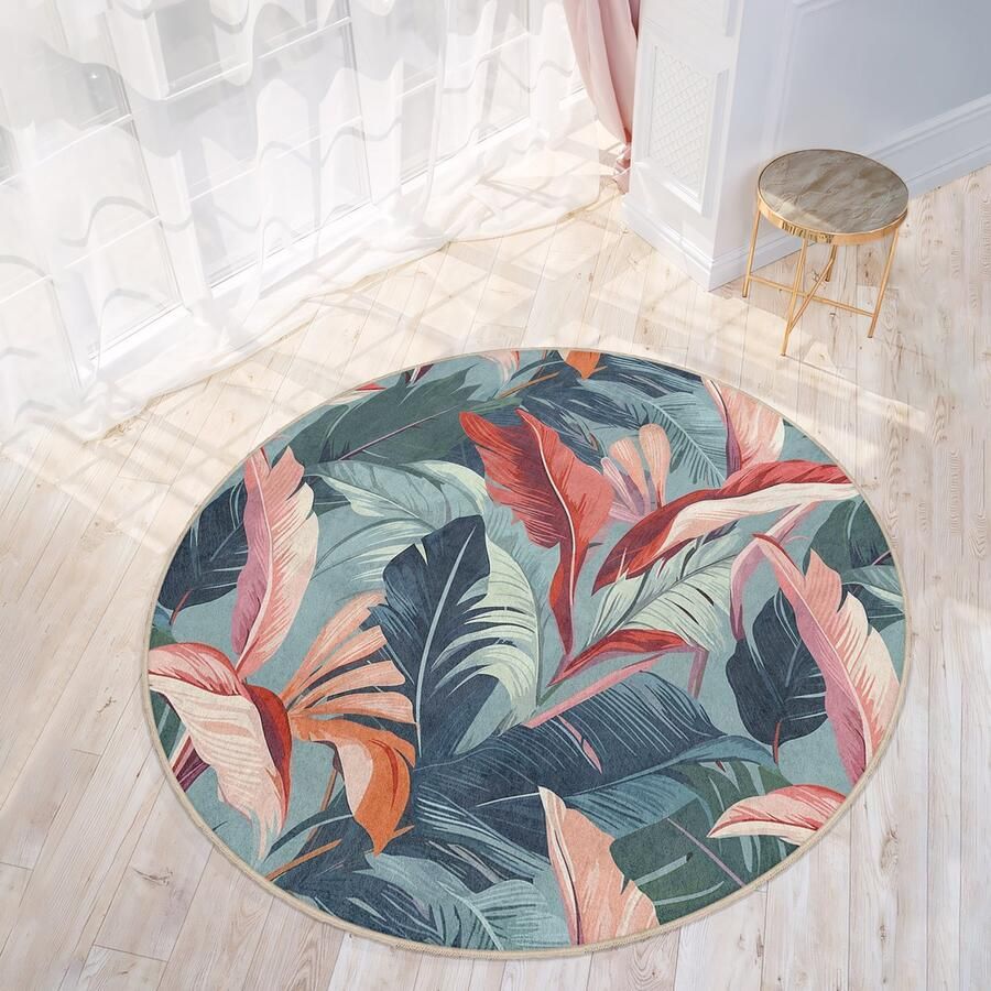Mila Home Abstract Gebied Rond Tapijt|Kleurrijke Bladeren Vreemde Vormen Soft Color Tapijt|Antislip Tapijt|Groen Roze Tapijt Decor|Woonkamer Tapijt Modern Tapijt|Luxe Tapijt