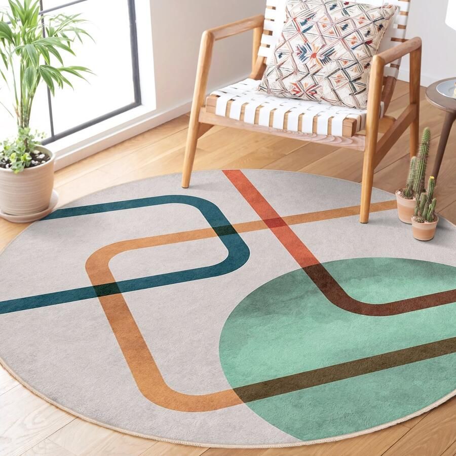 Mila Home Abstract Gebied Rond Tapijt|Lichtgroen Stippen Blauwe Lijnen Manieren Tapijt Boheems Tapijt|Antislip Tapijt|Boho Tapijt Decor|Woonkamer TapijtModern Tapijt|Luxe Tapijt