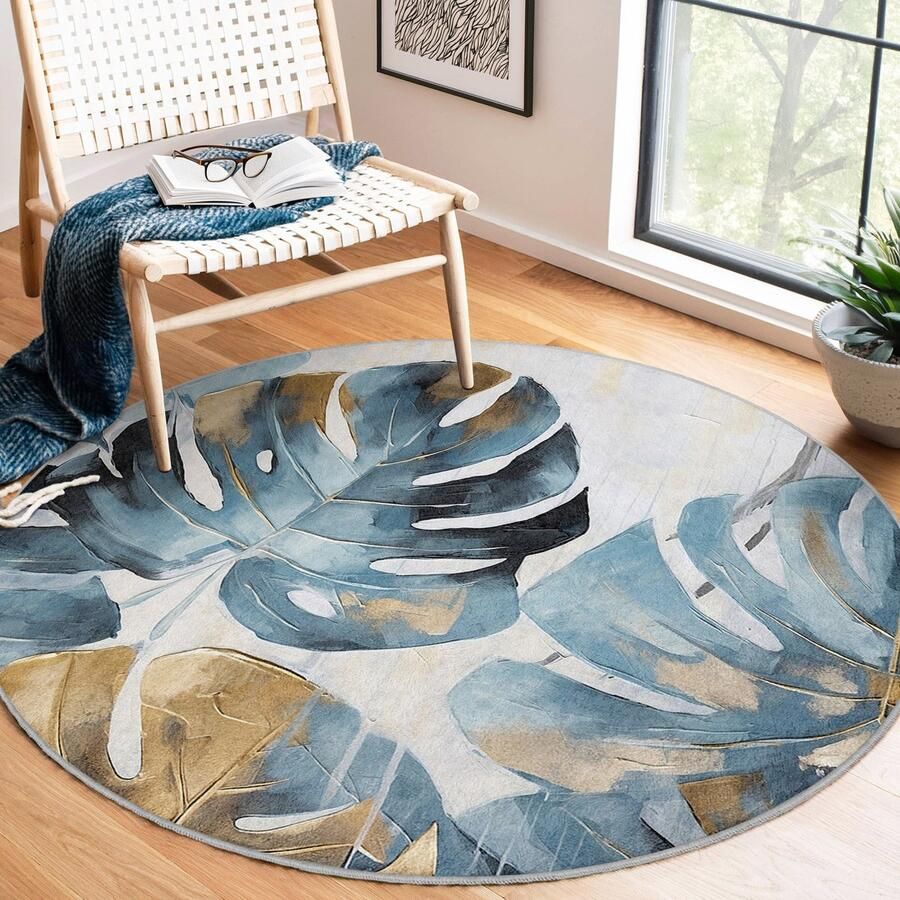 Mila Home Abstract Gebied Rond Tapijt|Marineblauw Bladeren Vreemde Vormen Marineblauw Bloemen Tapijt|Antislip Tapijt|Groen Tapijt Decor|Woonkamer Tapijt Modern Tapijt|Luxe Tapijt