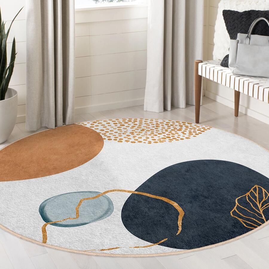 Mila Home Abstract Gebied Rond Tapijt|Marineblauw Geel Wit Vreemde Vormen Boheems Tapijt|Antislip Tapijt|Boho Tapijt Decor|Woonkamer Tapijt Modern Tapijt|Luxe Tapijt
