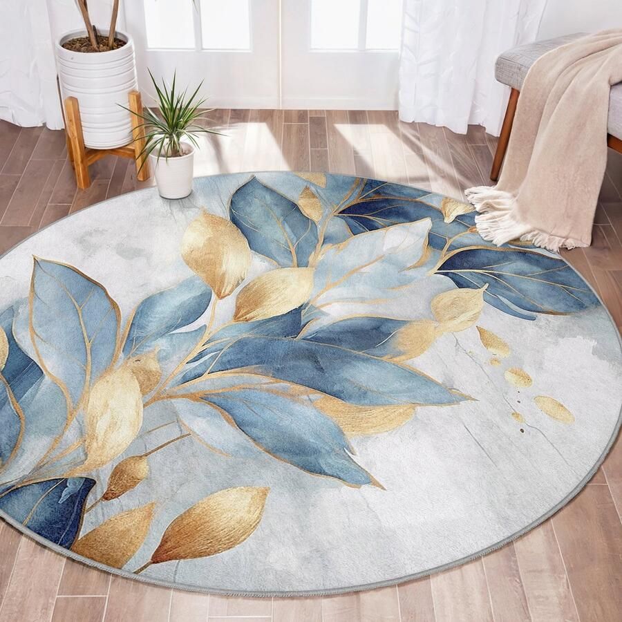 Mila Home Abstract Gebied Rond Tapijt|Marineblauw Goud Bladeren Vreemde Vormen Marineblauw Goud Geel Tapijt|Antislip Tapijt|Grijs Tapijt Decor|Woonkamer Tapijt Modern Tapijt|Luxe Tapijt