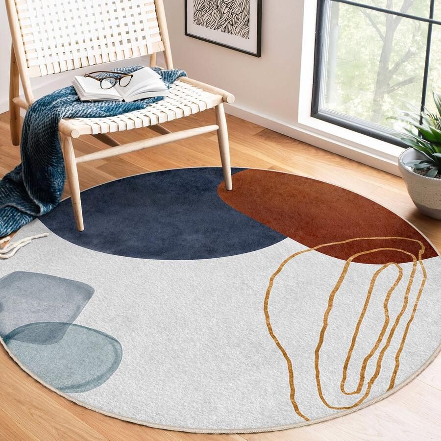 Mila Home Abstract Gebied Rond Tapijt|Marineblauw Rood Wit Vreemde Vormen Boheems Tapijt|Antislip Tapijt|Boho Tapijt Decor|Woonkamer Tapijt Modern Tapijt|Luxe Tapijt