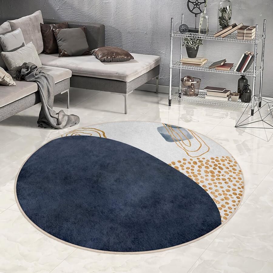 Mila Home Abstract Gebied Rond Tapijt|Marineblauw Wit Geel Vreemde Vormen Boheems Tapijt|Antislip Tapijt|Boho Tapijt Decor|Woonkamer Tapijt Modern Tapijt|Luxe Tapijt