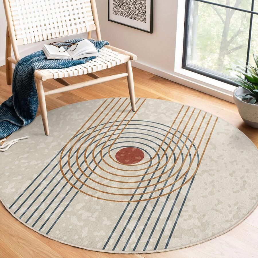 Mila Home Abstract Gebied Rond Tapijt|Minimalistisch Ontwerp Zwart Oranje Geometrische Tinten|Antislip Tapijt|Boho Tapijt Decor|Woonkamer TapijtModern Tapijt|Luxe Tapijt