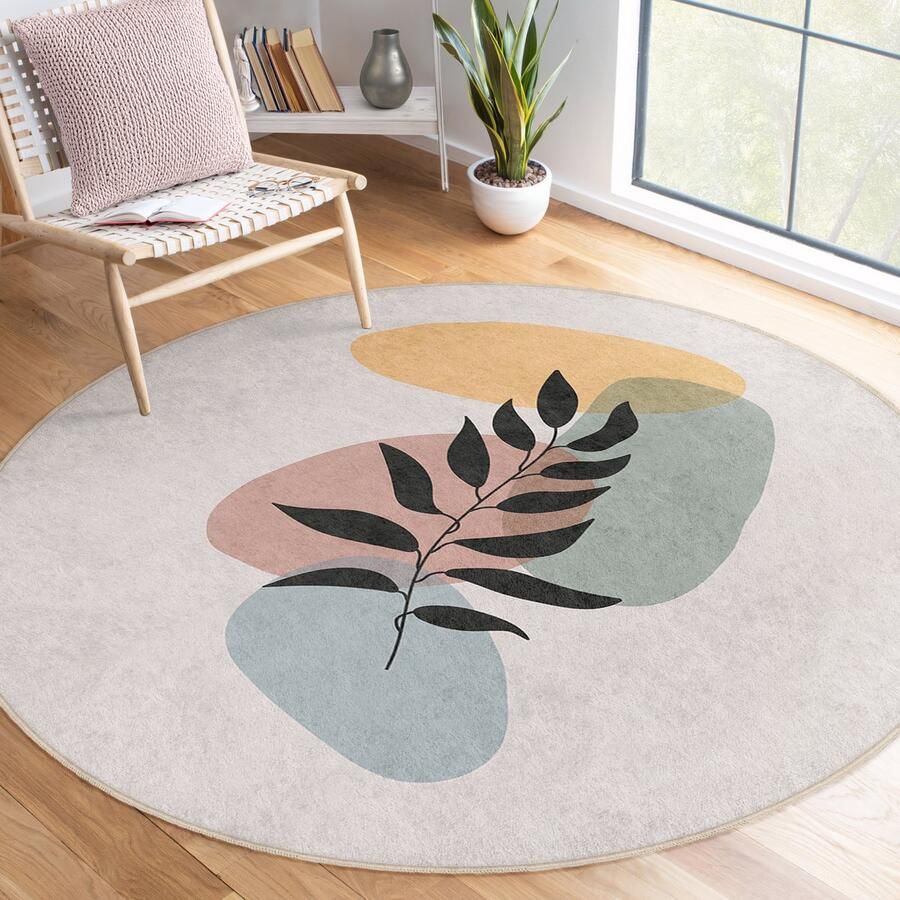 Mila Home Abstract Gebied Rond Tapijt|Minimalistische Bloem Tekening|Pastel Wit Vreemde Vorm|Antislip Tapijt|Buiten Tapijt|Balkon Tapijt Woonkamer Modern Tapijt