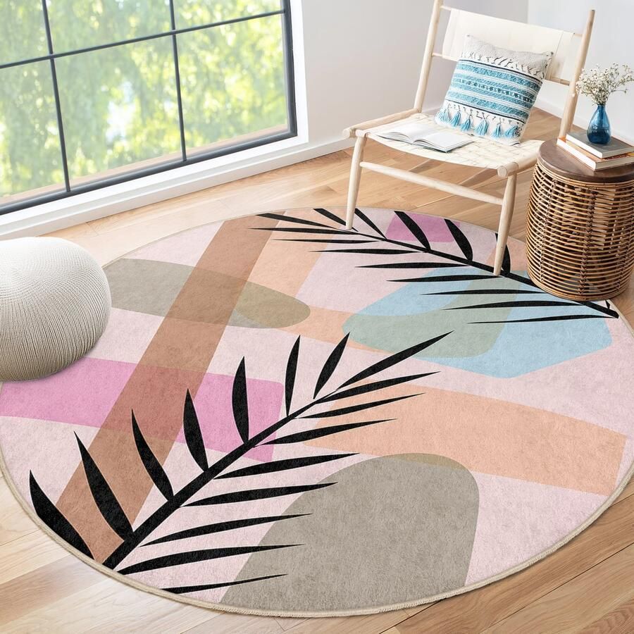 Mila Home Abstract Gebied Rond Tapijt|Minimalistische Bloem Tekening|Pastel Witte Vreemde Vormen|Antislip Tapijt|Binnen Buiten Tapijt|Modern Tapijt